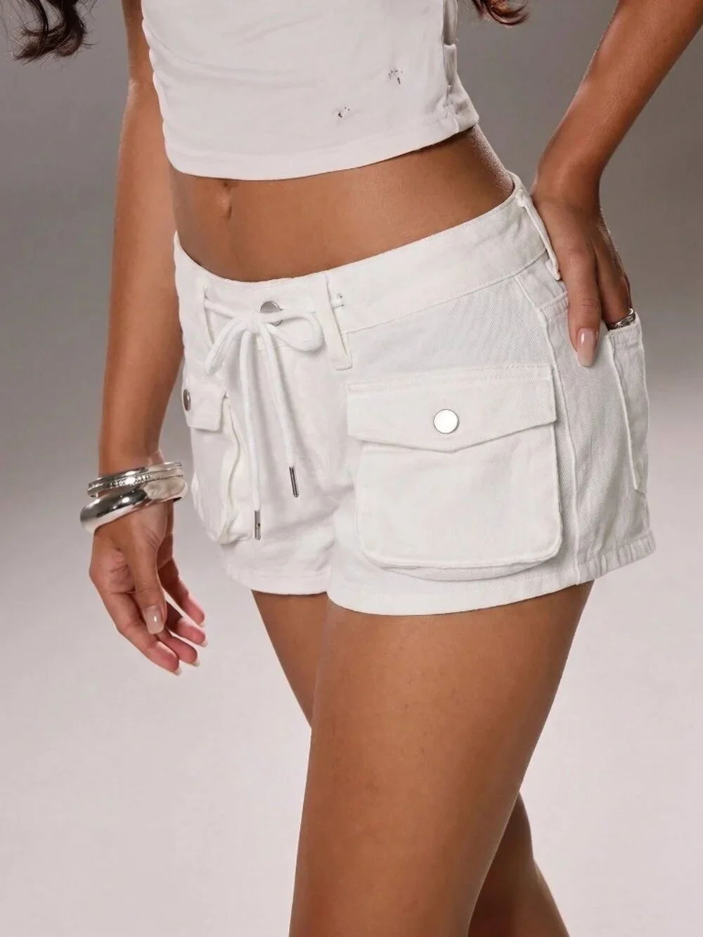 White Casual Women's Drawstring Waist Pockets Versatile Denim Shorts